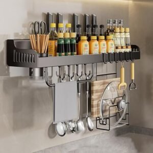 Estante Organizador de Cocina con Barra, 6 Ganchos y Porta Especieros