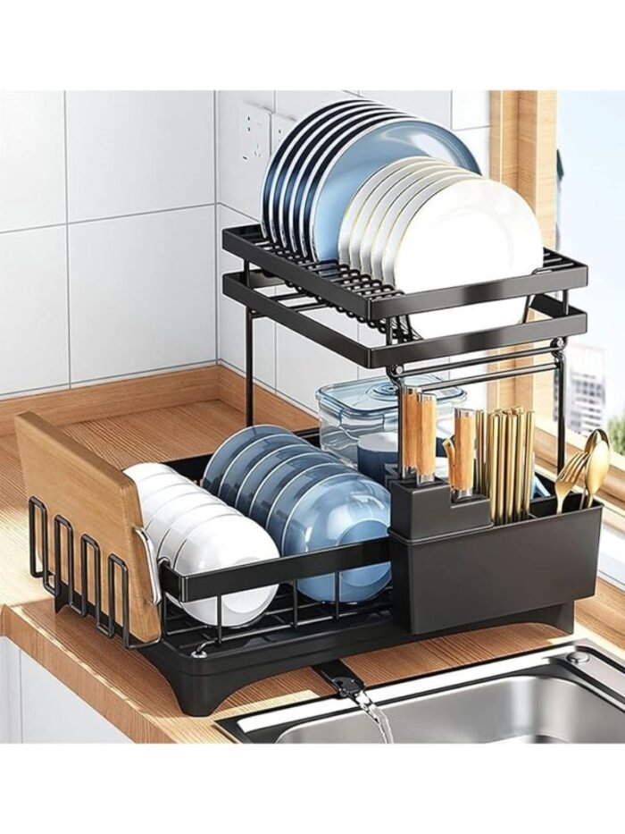 Escurridor de Platos de 2 Niveles con Drenaje y Soporte de Cubiertos