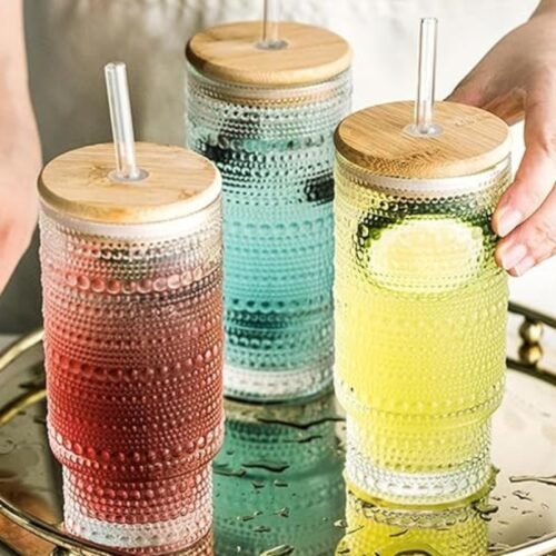 Set x4 Vasos Vintage de Vidrio Borosilicato 320 ml – Con Tapa de Bambú y Sorbete de Vidrio
